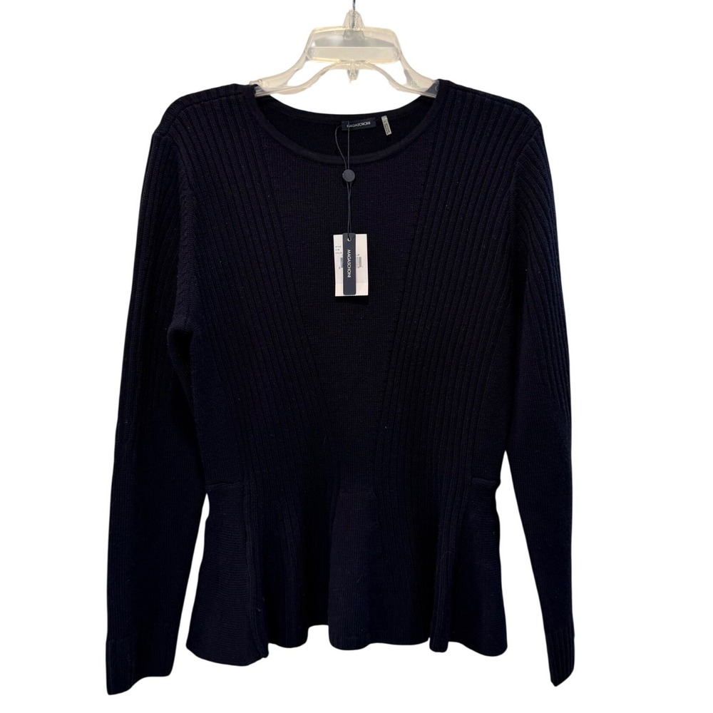 Magaschoni Womens Peplum Ribbed Knit Sweater Dutchess Blue Large New with Tag